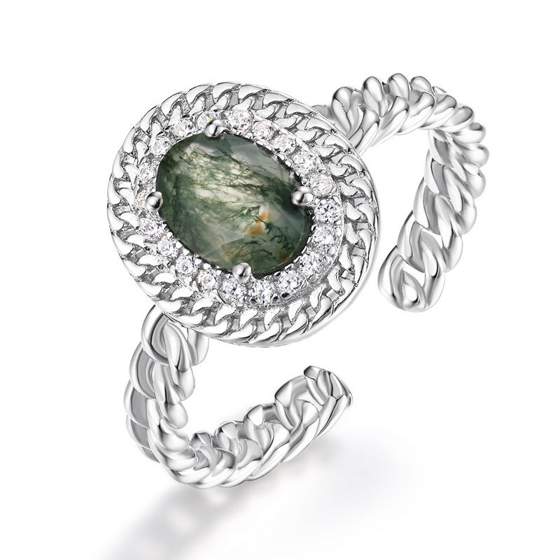 S925 Sterling Silver Moss Agate Stacking Ring