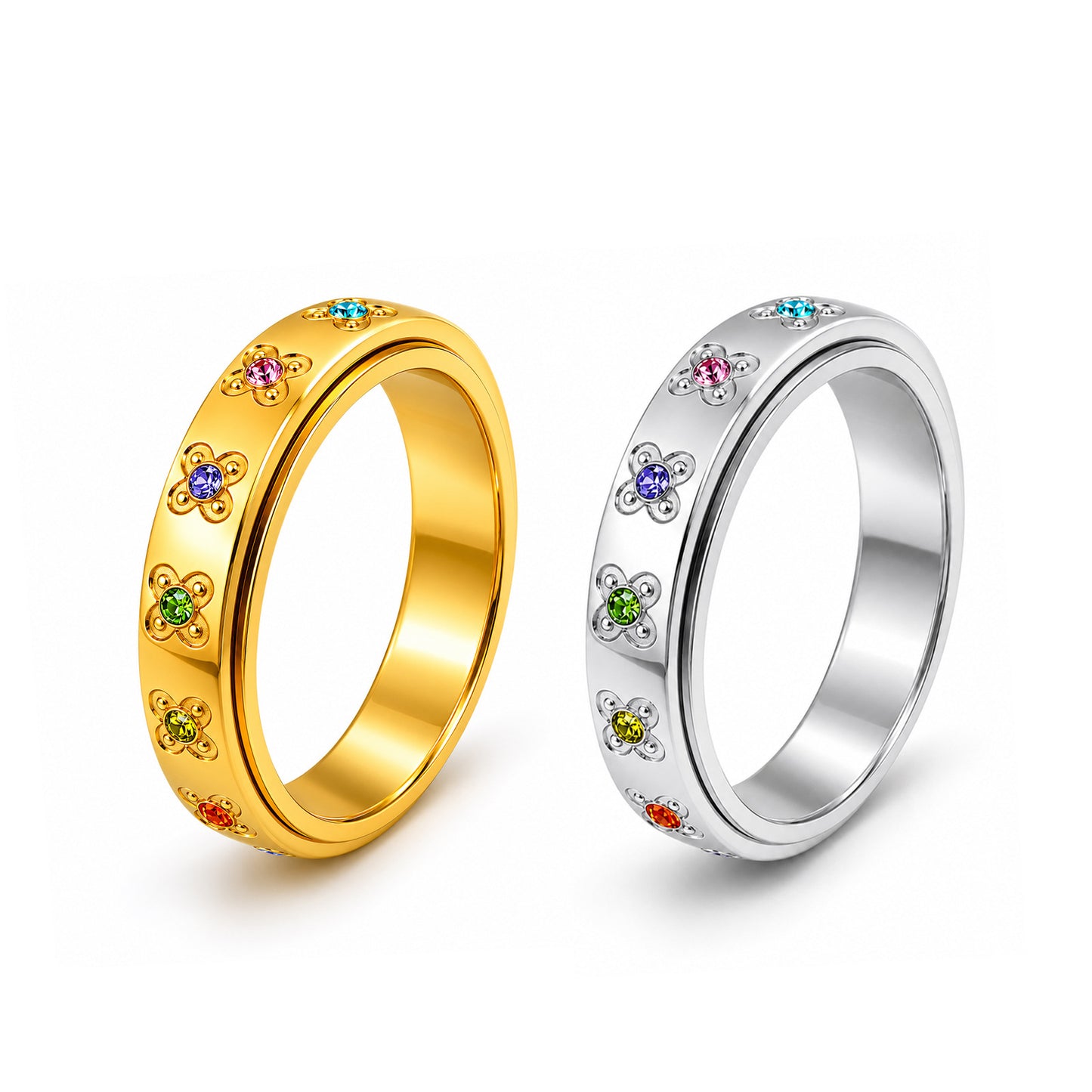 Planderful Rotatable Decompression Ring Stainless Steel Zircon Flower For Couples Unisex