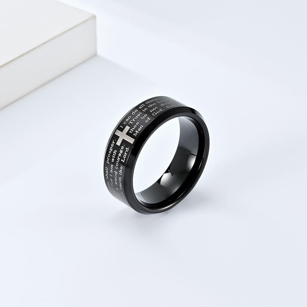 Tungsten Carbide Steel Laser Cross Scripture Ring for Men