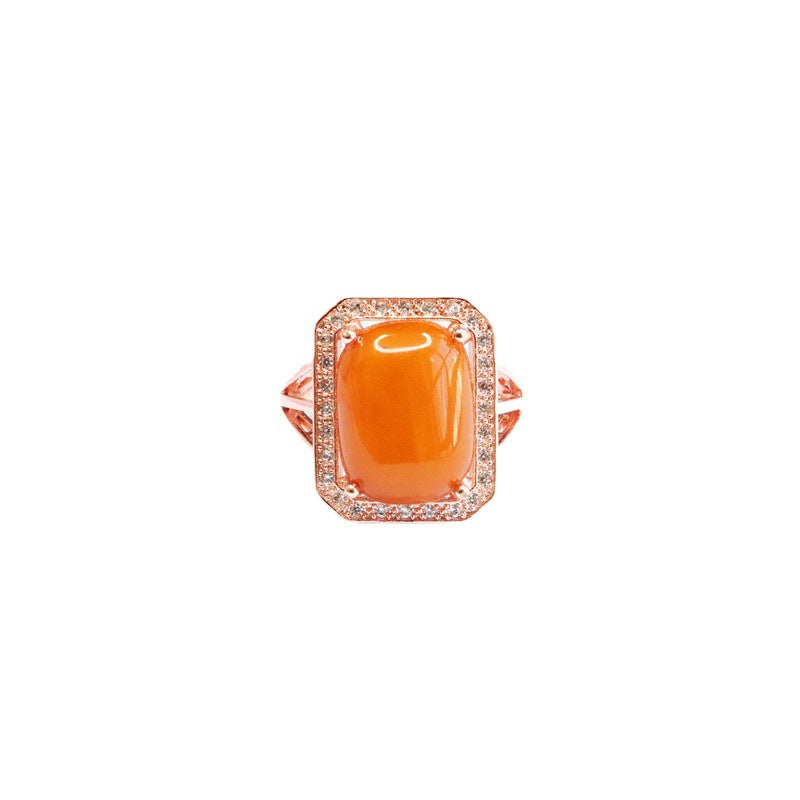 Natural Oval Russian Amber Zircon Halo Ring with Sterling Silver Needle