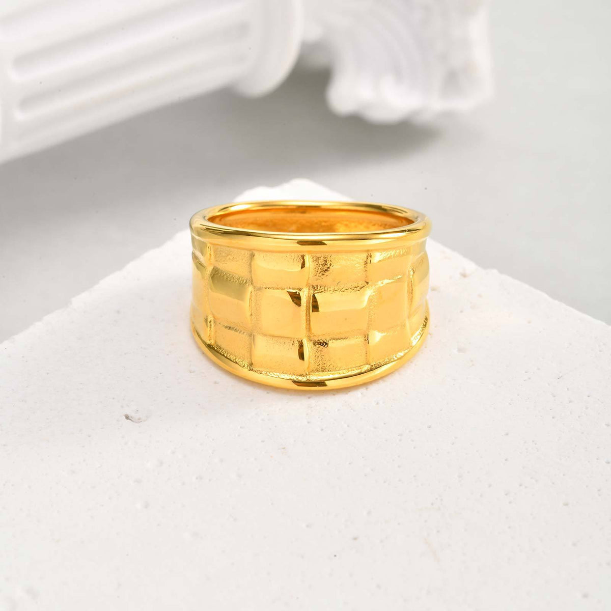 Stainless Steel Gold-Plated Checkered Woven Ring Women's