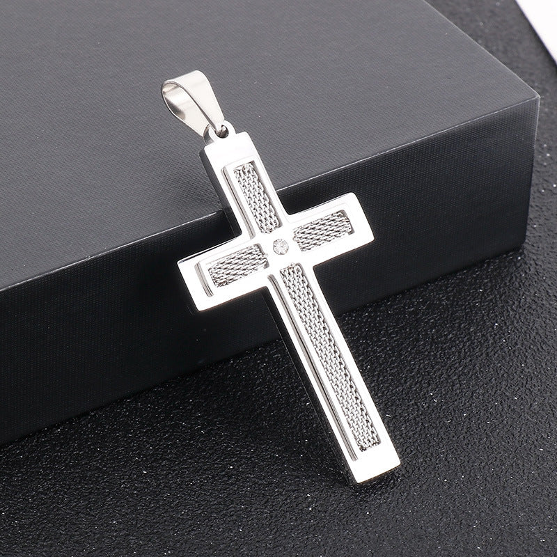 Street Pendant, Zircon Double-Layer Mesh Cross Stainless Steel Man Pendant Necklace
