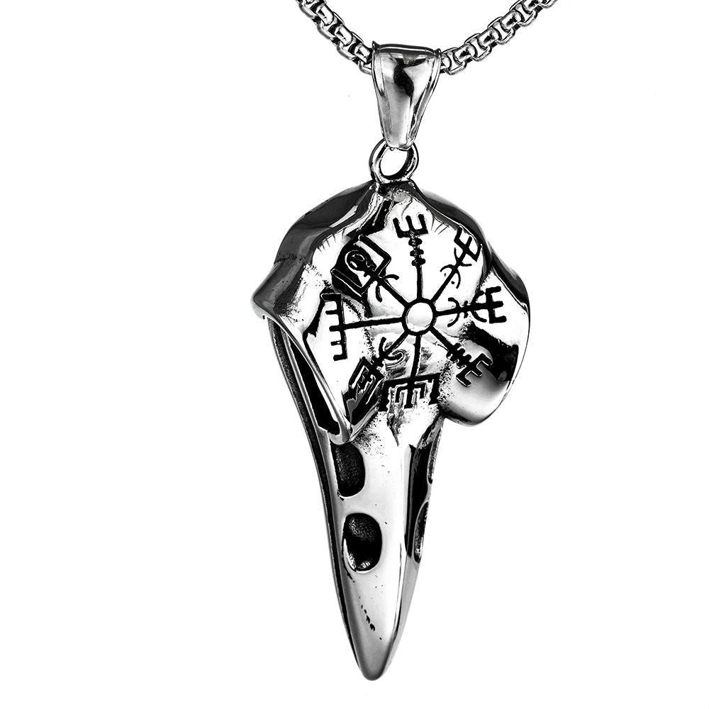 Vintage Stainless Steel Men's Pendant Viking Crow Compass Necklace