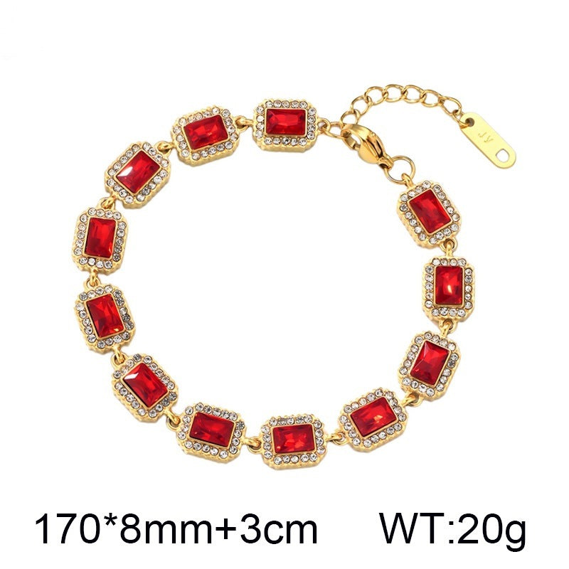 Color Surrounding Square Zircon Stainless Steel Bracelet Palace Style Adjustable