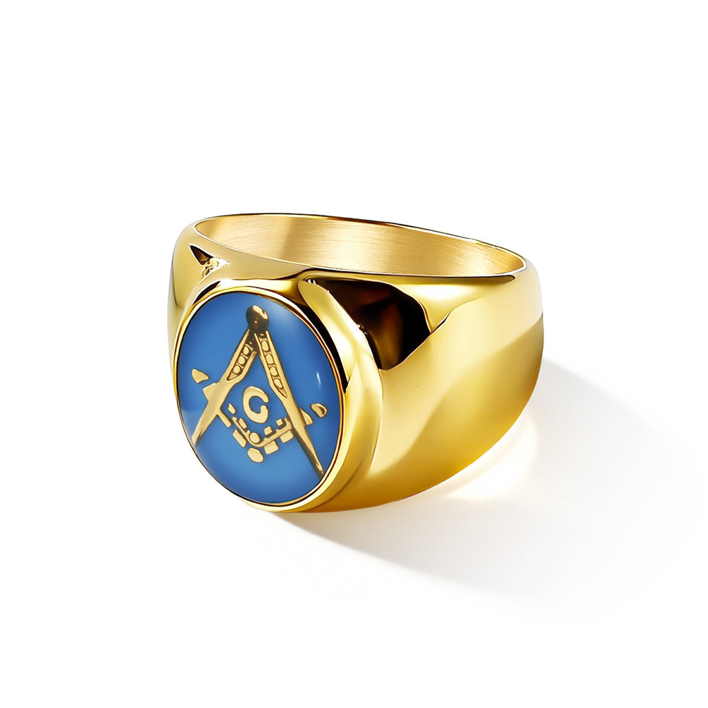 Blue Enamel Masonic 18K Gold-Plated Stainless Steel Ring for Men