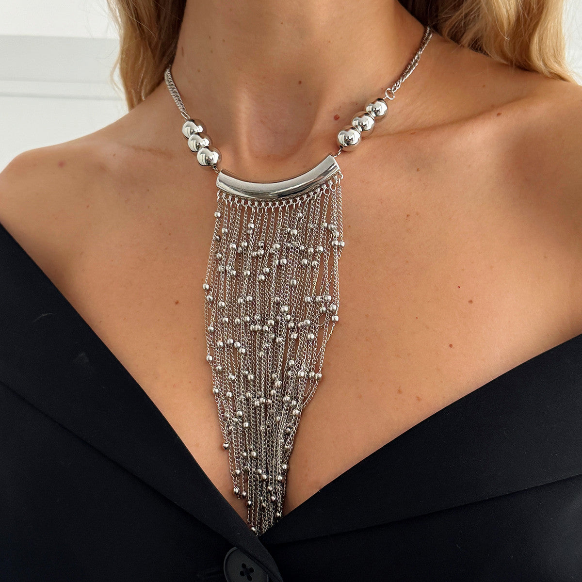 Round Bead Waterfall Fringe Necklace