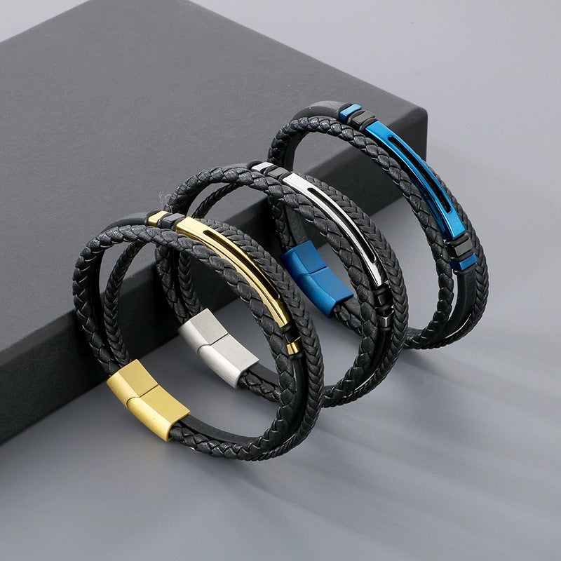 Multi-Layer Leather Rope Bracelet – Black Woven Leather Layered Stainless Steel