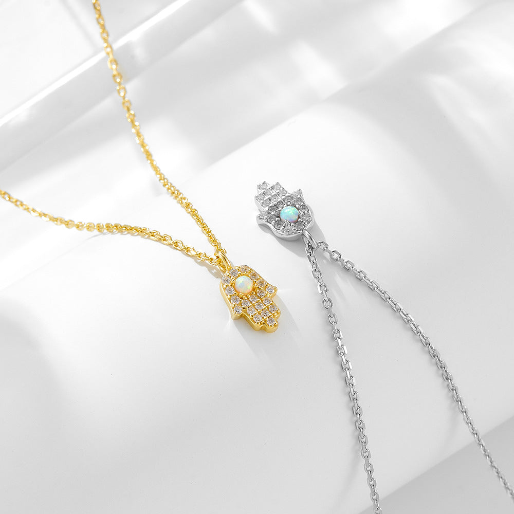 925 Sterling Silver Fatima Hand Necklace Zircon Opal Mini Palm Clavicle Chain