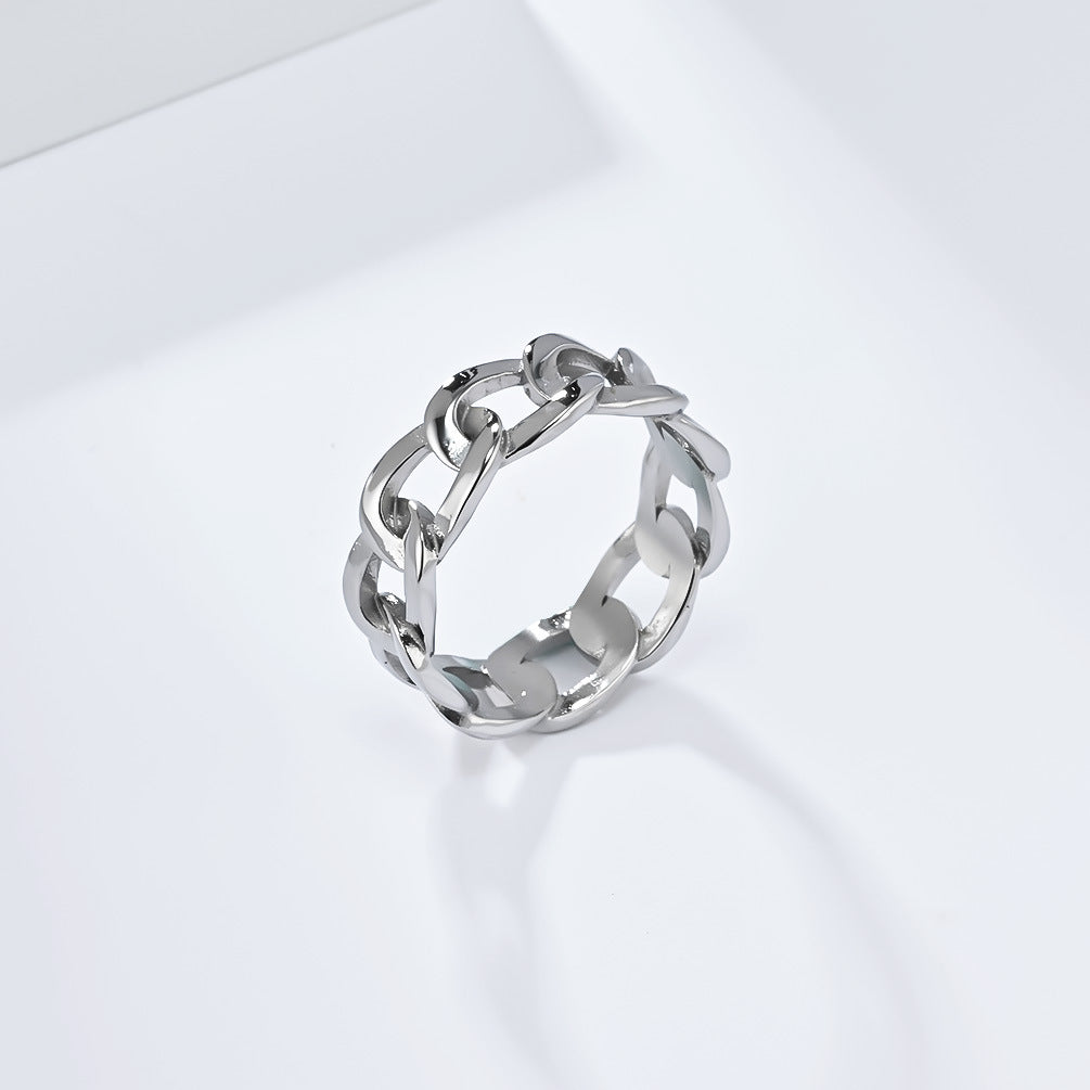 Ins Simple Hollow Cuban Chain Stainless Steel Ring for Men and Women Fashion Jewelry