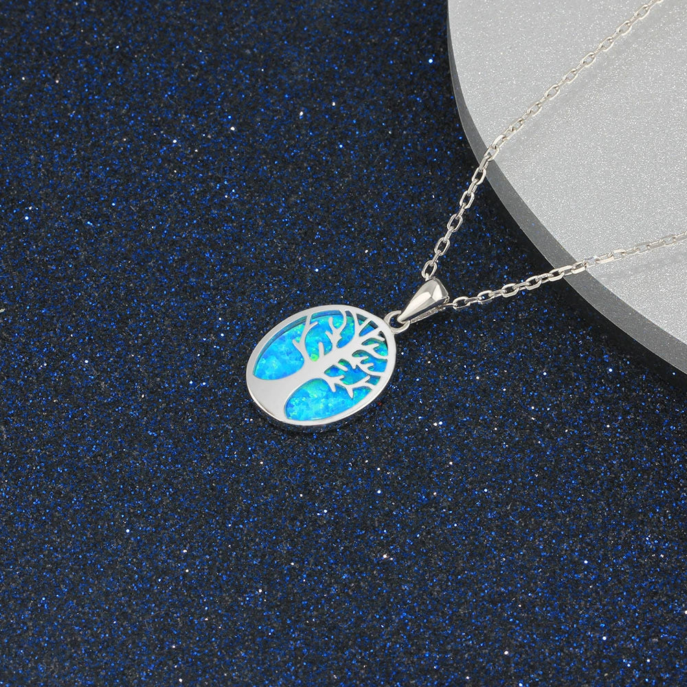 Planderful Jewelry Tree of Life Opal Pendant Necklace in Sterling Silver S925 Blue Oval