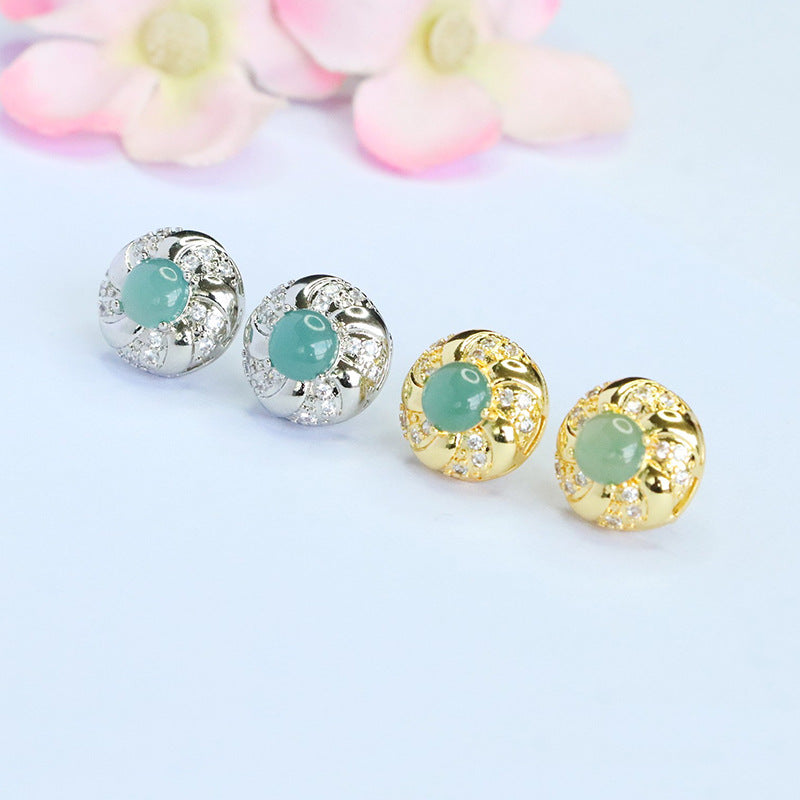 Blue-Water Jadeite Bead Halo Stud Earrings