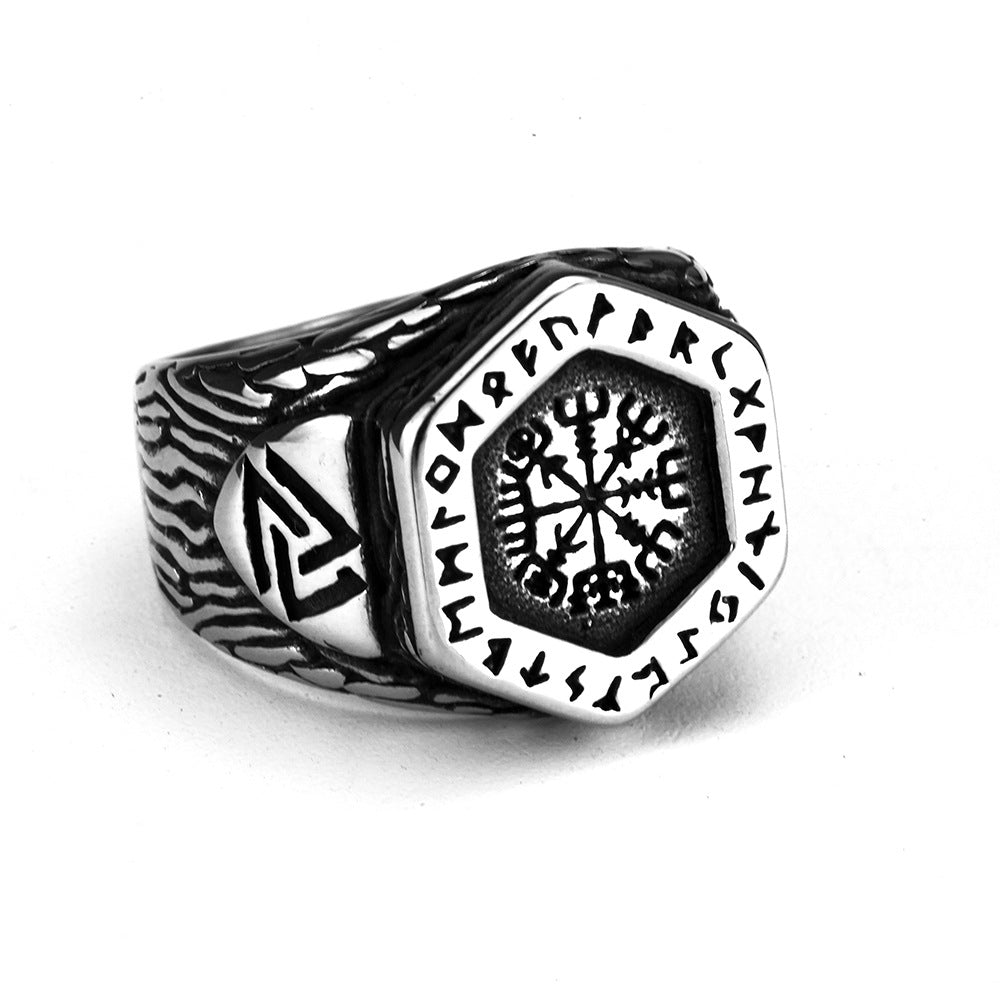 European and American Jewelry Wholesale Men's Titanium Steel Ring Retro Viking Compass Design