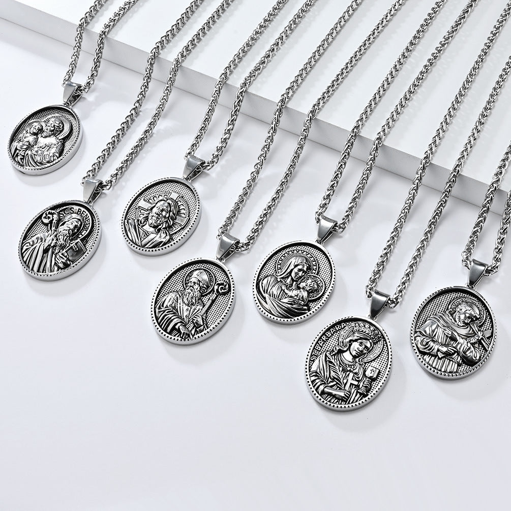 Virgin Mary Titanium Steel Necklace Round Tag Pendant for Men