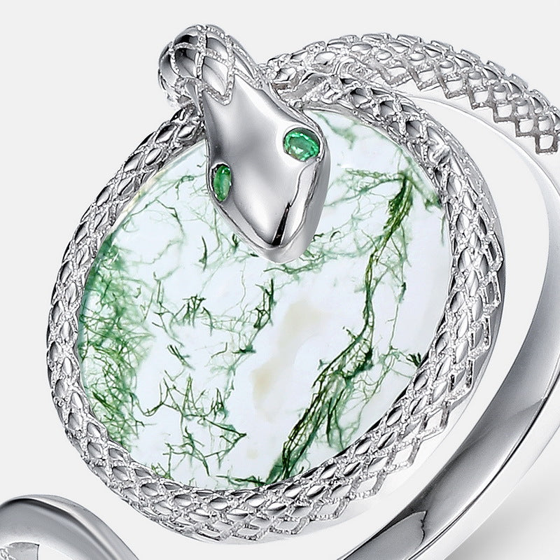 S925 Sterling Silver Moss Agate Snake Ring