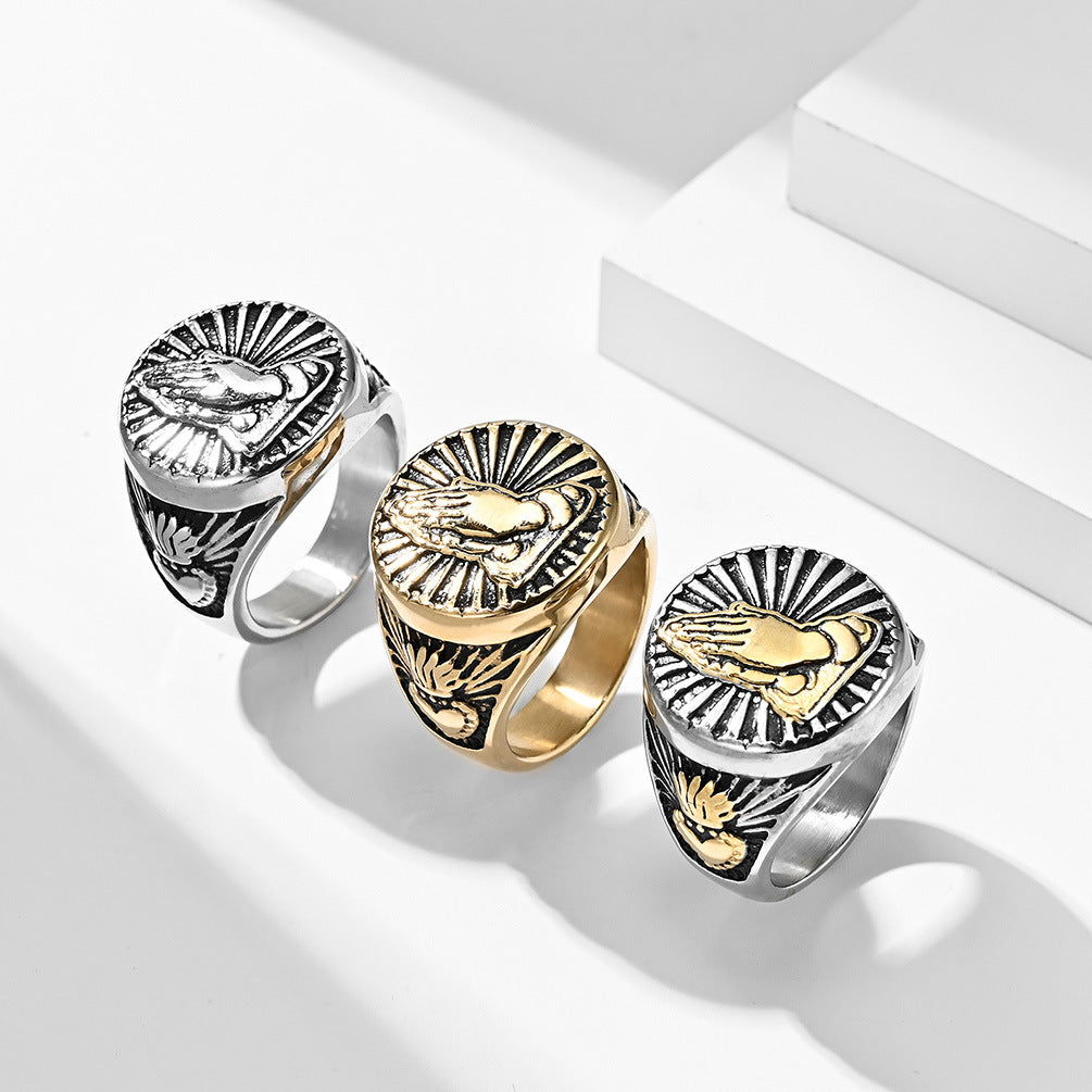 Planderful Titanium Steel 18K Gold Prayer Hand Men's Ring