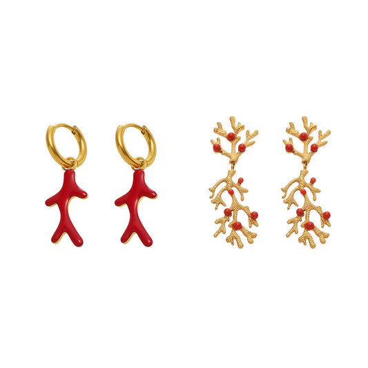 Planderful Red Coral Bead Oil Drop Earrings 18K Gold Women