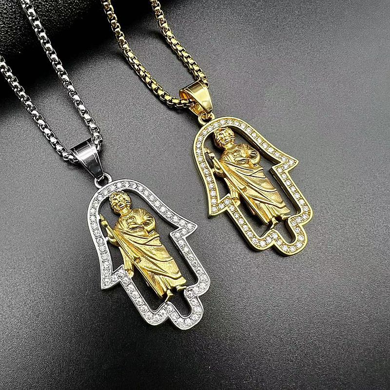 Planderful Hip Hop Pendant Necklace Stainless Steel Gold Plated Zircon Fatima Hand St Jude Urban Jewelry Lovers Must Have