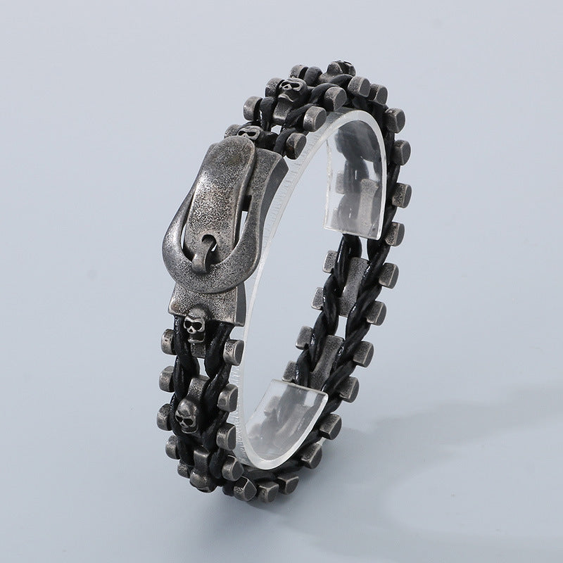 Punk Retro Skull Braided Leather Bracelet with Cross-Border Lion Head Belt Buckle for Men