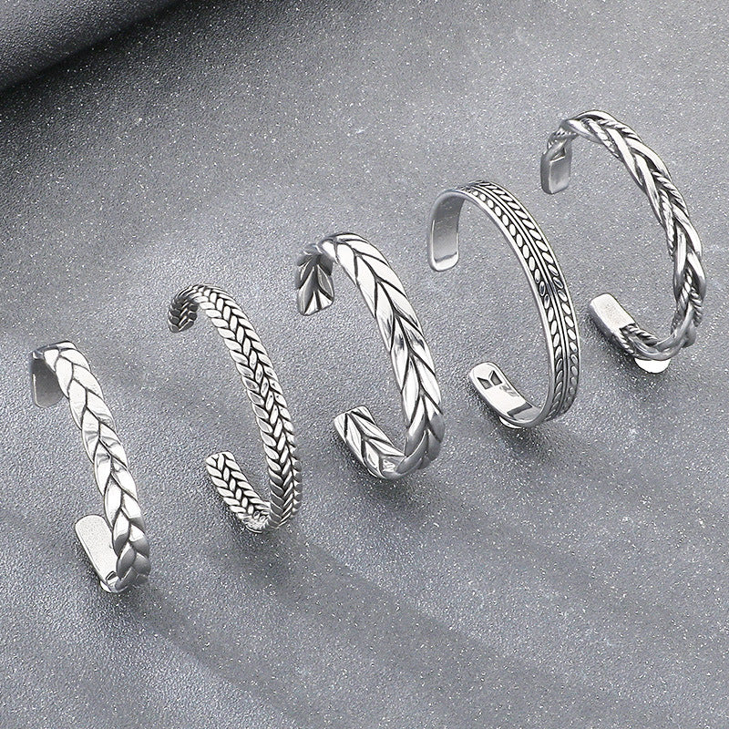 Antique Leaf Pattern C-Shaped Bracelet – Punk Style Leaf Pattern Twist Woven Stainless Steel