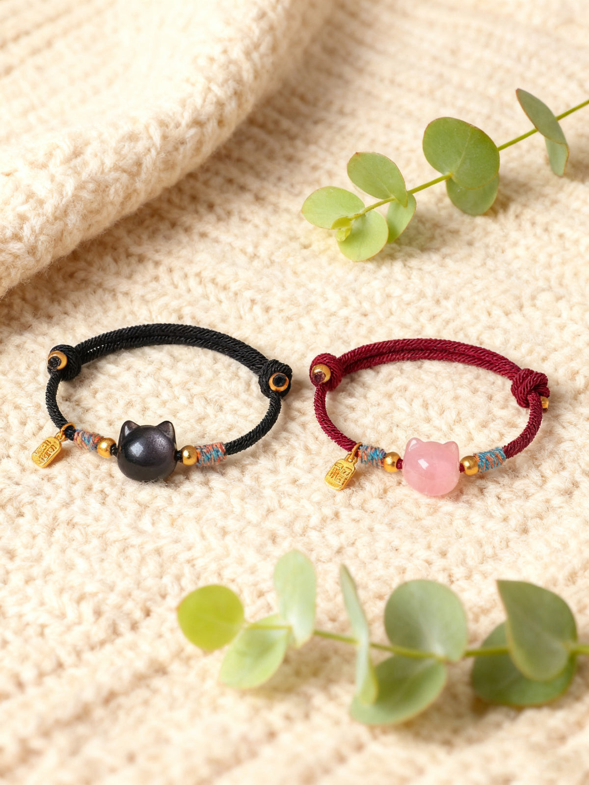 Rose Quartz Crystal Cat Braided Bracelet