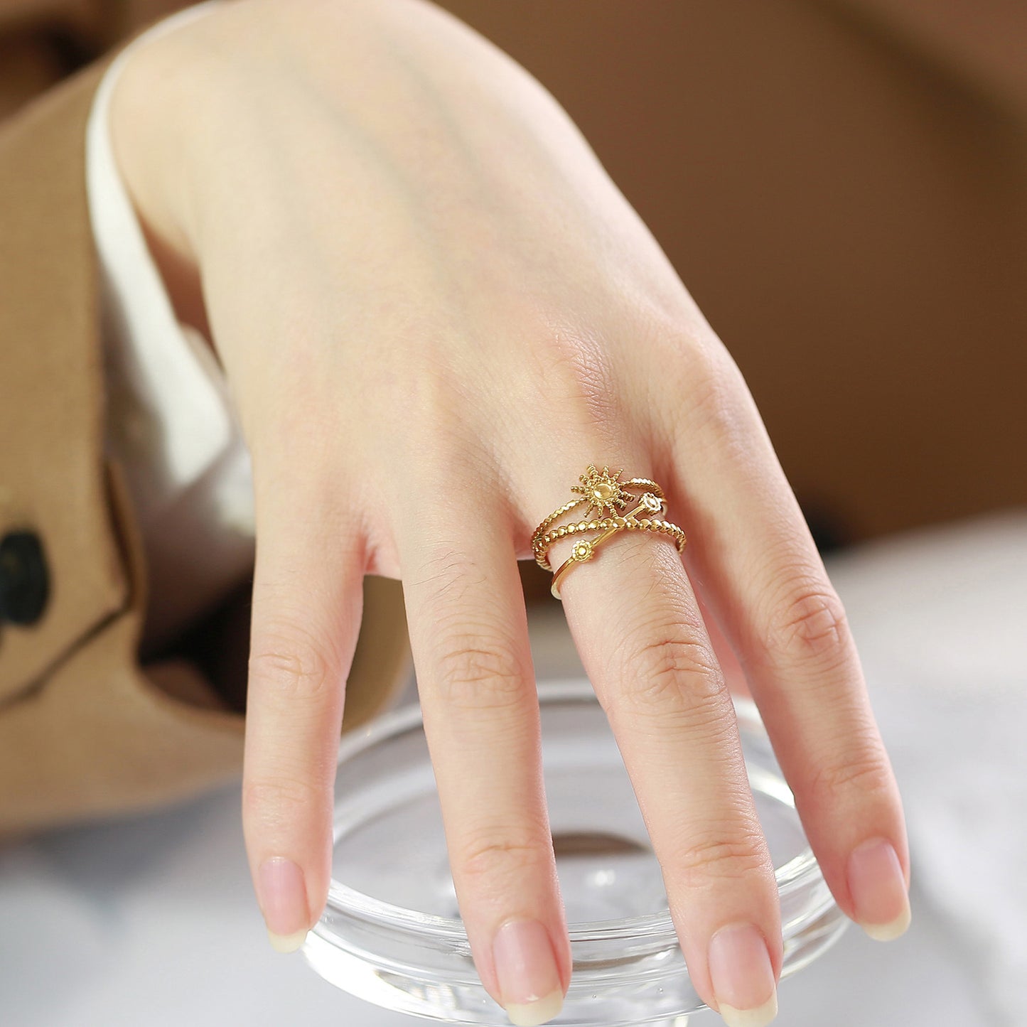 Open Ring Female Stainless Steel Sun Cosmic Starry Adjustable Ring Gold