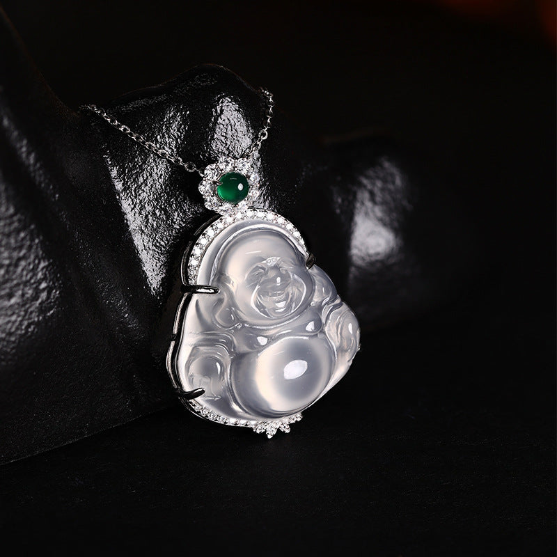 Ice Chalcedony Buddha Pendant Necklace S925 Sterling Silver