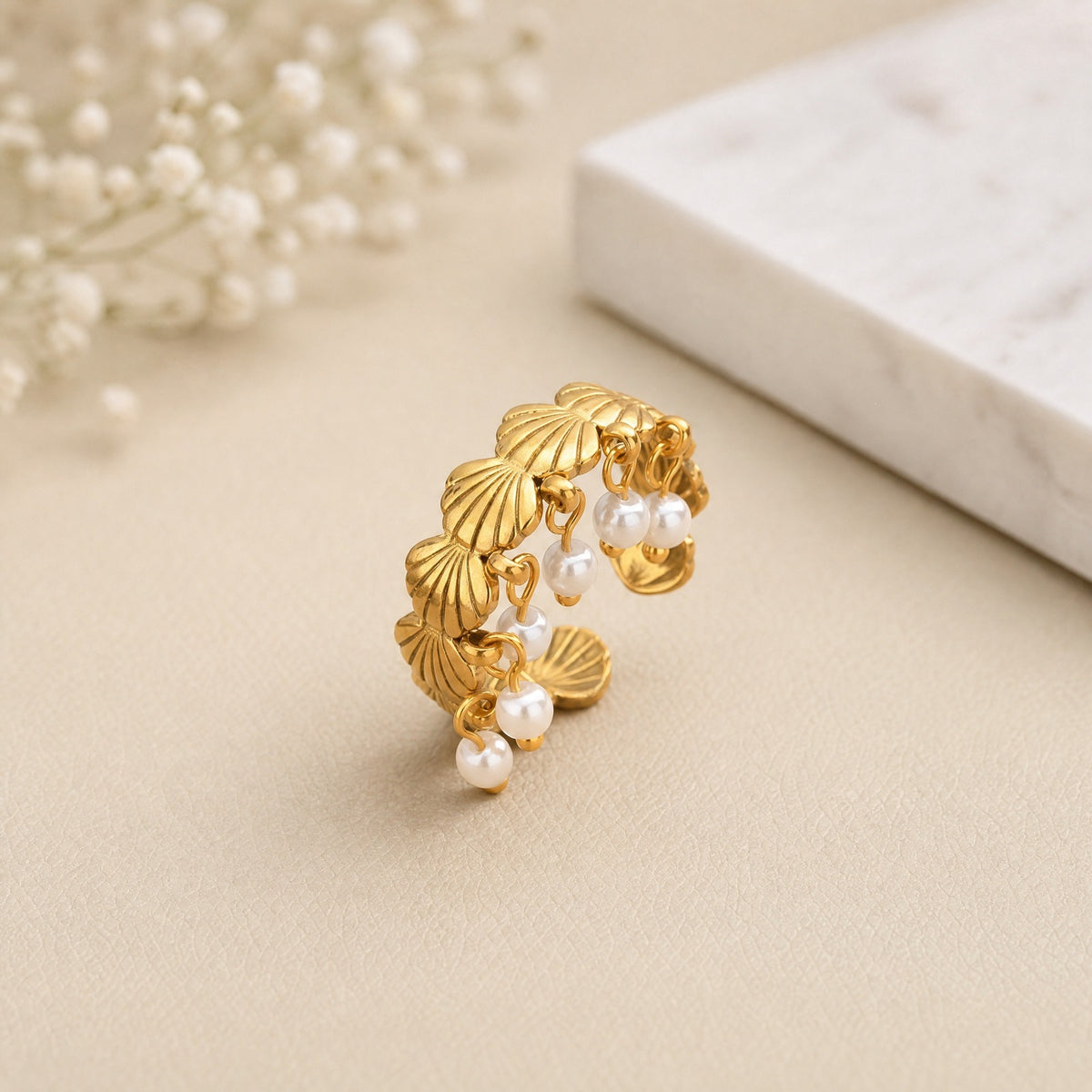 Ladies Open Stainless Steel Shell Imitation Pearl Tassel Bohemian Daily Ring