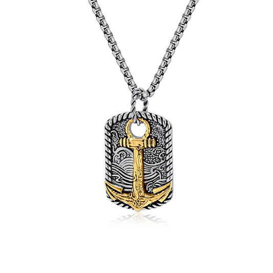 Planderful Titanium Steel Anchor Necklace for Men Retro Wave Design Durable Pendant