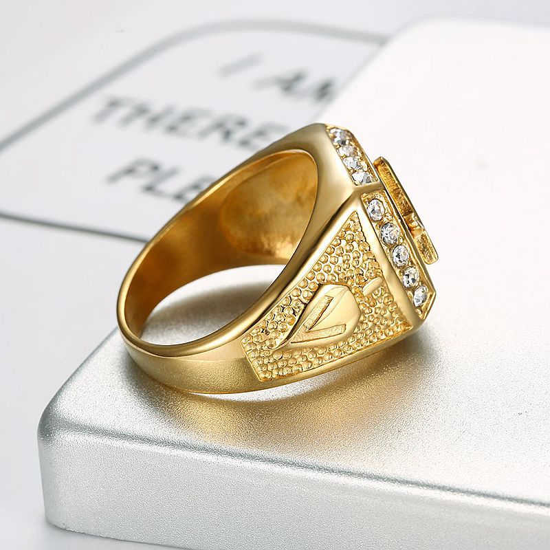 Planderful Masonic Ring For Men Vintage European American Style Gold Plated Titanium Steel Rhinestone
