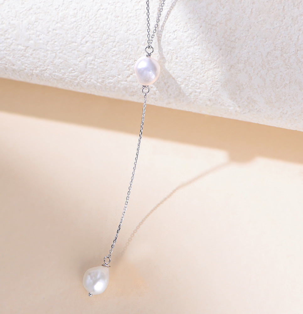 Planderful S925 Sterling Silver Y Shaped Pearl Necklace For Women Elegant Collarbone Jewelry