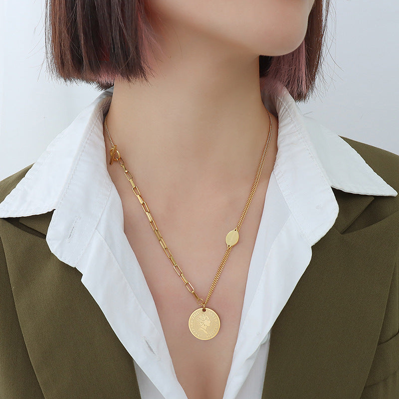 French Chain Portrait Medallion Pendant Necklace with Titanium Steel 18k Gold Plating