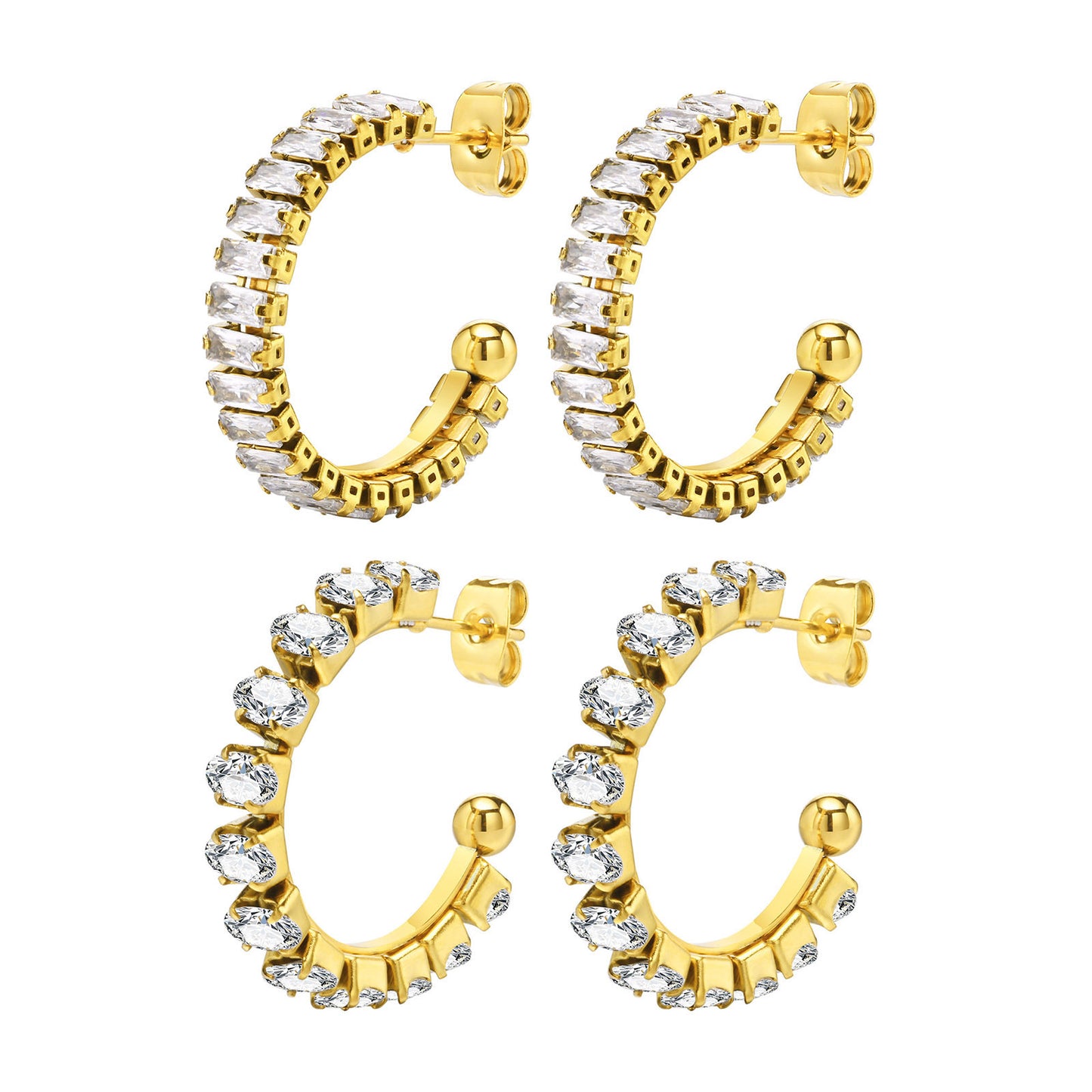 Stainless Steel White Zircon 18K Gold U-Shaped Earrings Women's