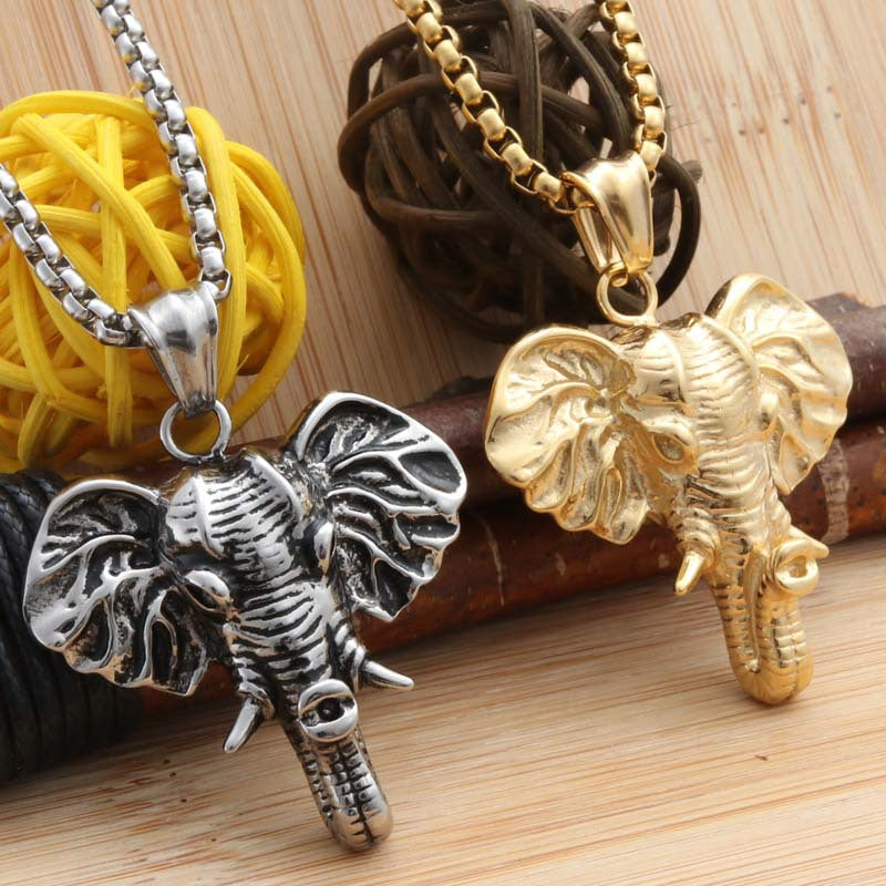 Punk-Inspired Titanium Steel Elephant Head Pendant Necklace for Men - Retro Trendy Design