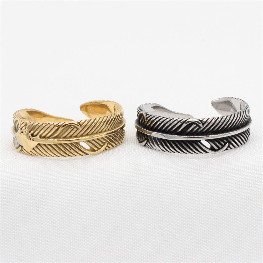 Planderful Everyday Genie – European and American Personalized Retro Feather Men's Titanium Steel Ring