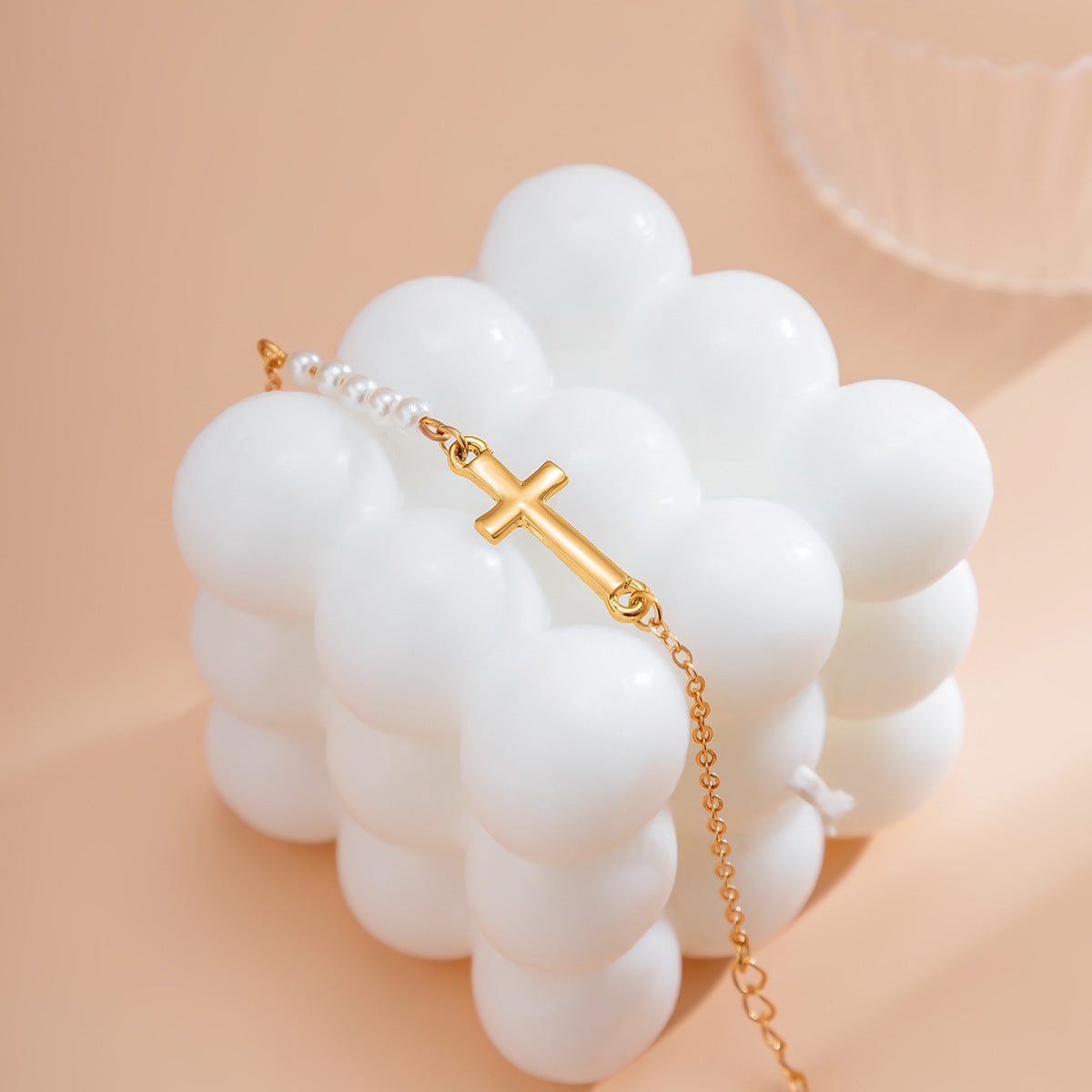 Planderful Vienna Verve Geometric Chain Bracelet For Women With Faux Pearl Cross Accent Versatile Statement Jewelry