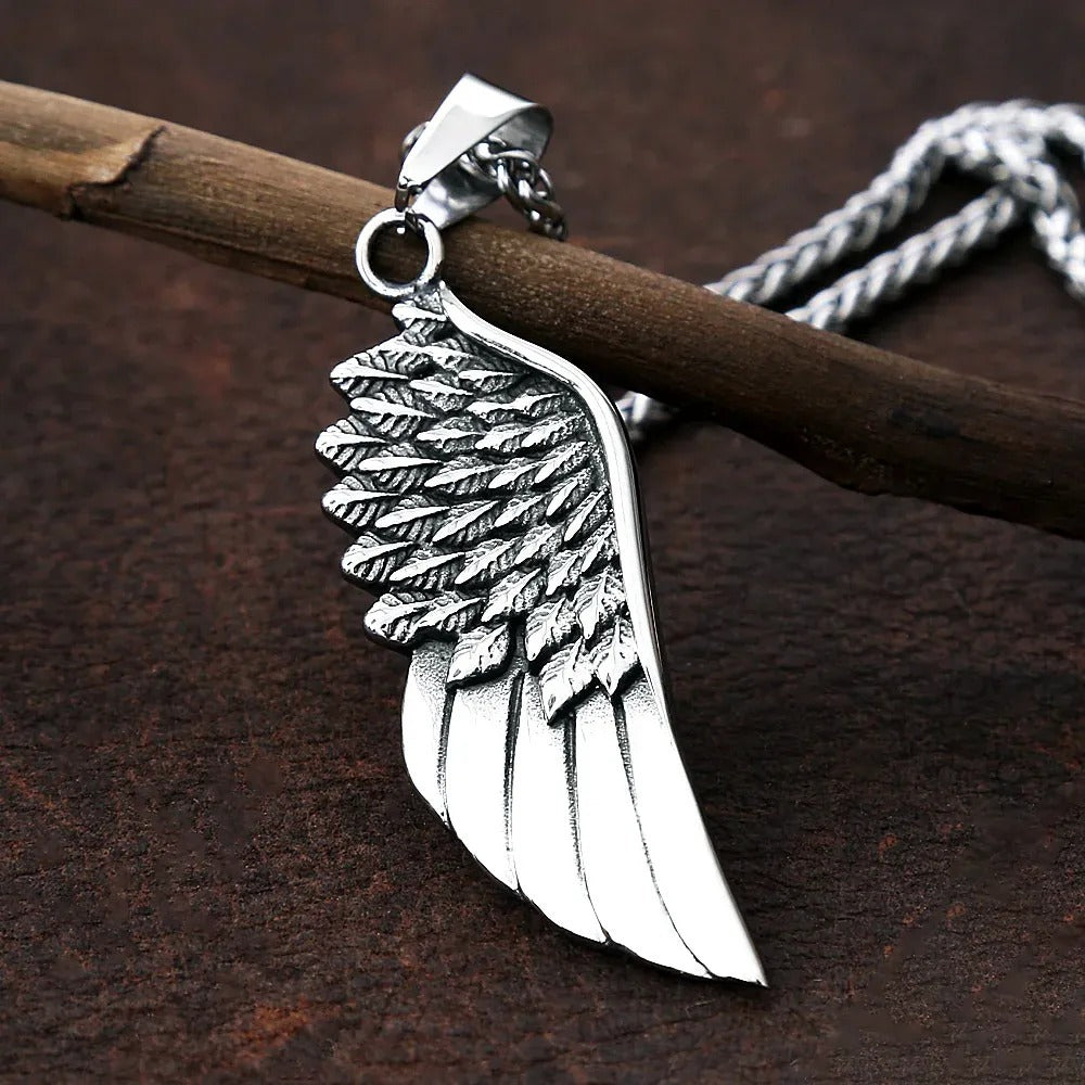 Vintage Angel Feather Stainless Steel Pendant Necklace
