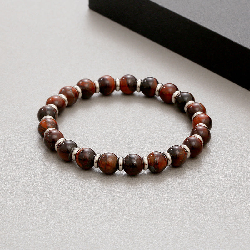 Stainless Steel Men's and Women's Agate and Tiger's Eye Beaded Bracelet with Volcanic Stone Elements