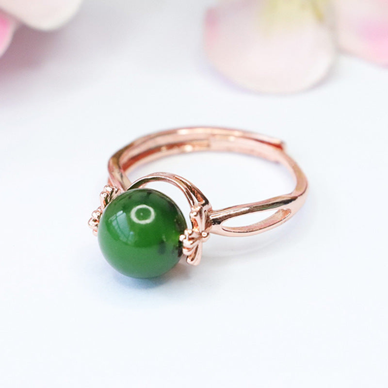 Elegant Natural Hotan Jade Rotating Ring with Jasper Beads