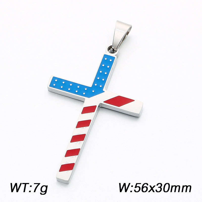 European, American Hip-Hop American Star-Spangled Banner Cross Dripping Oil Vacuum Plating Stainless Steel Necklace