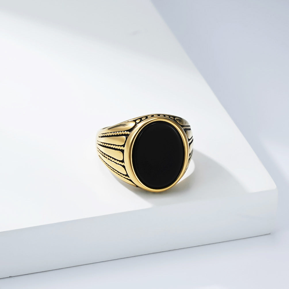 Black Gemstone Vintage Stainless Steel Ring for Men