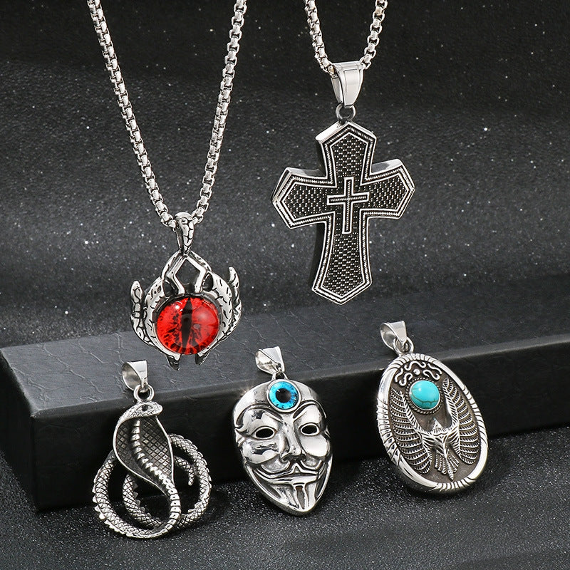 Retro Turquoise Flying Eagle Pendant, Trend Pendant, Devil'S Eye Mask, Cross Man Necklace