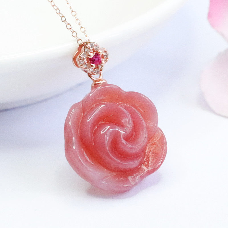 Agate Flower Pendant Sterling Silver Necklace with Zircon Rose Gold Accent