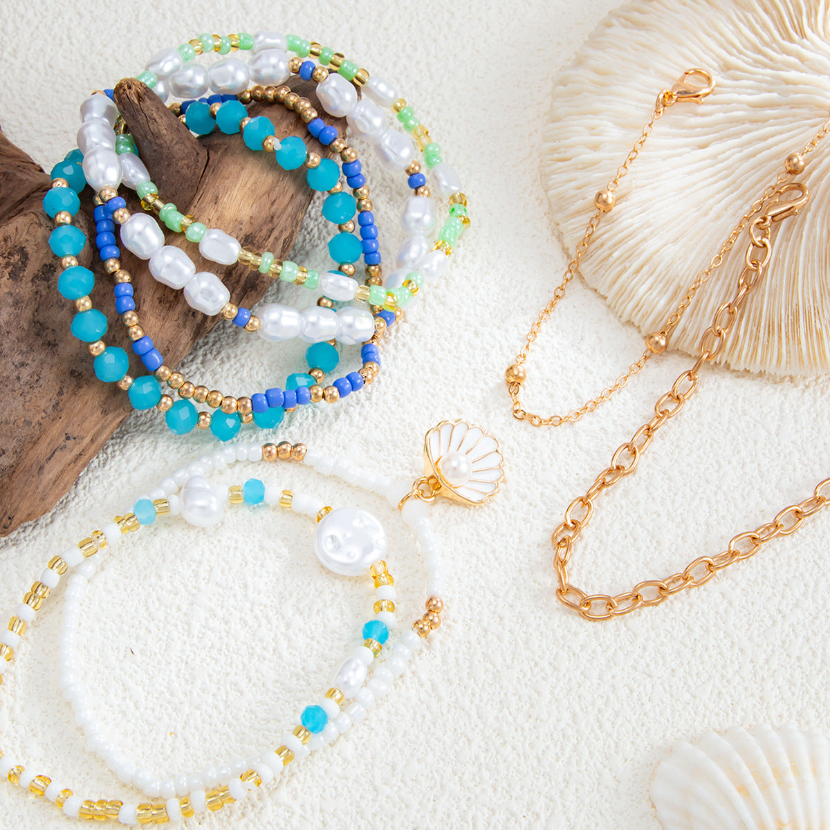 Imitation Pearl Beaded Bracelet Multi Layer Scallop Design Holiday Style By Planderful Vienna Verve For Women
