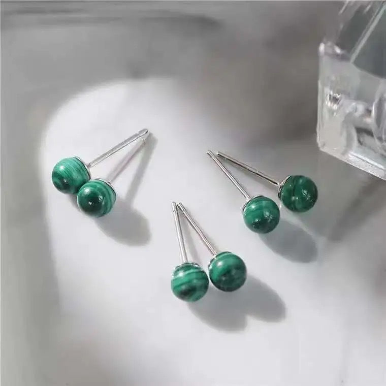 Malachite Bead 925 Silver Stud Earrings