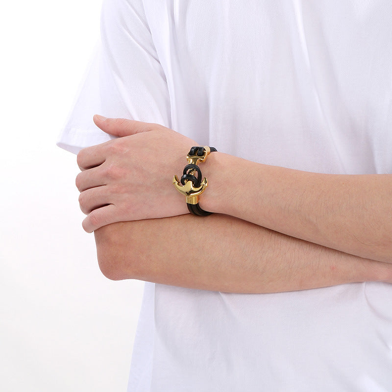 Planderful Men Pirate Durable Steel Cowhide Anchor Bracelet