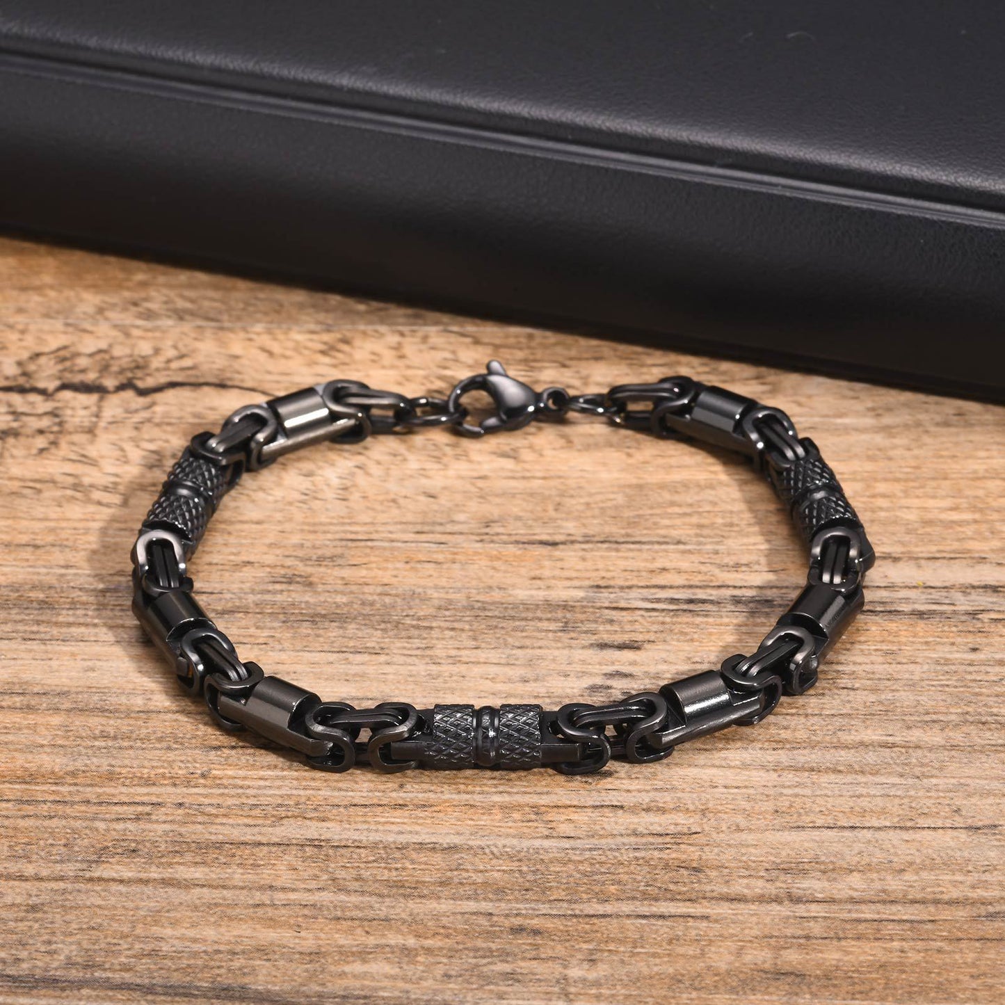Stainless Steel Byzantine Handmade Chain Bracelet Men's Electric Black