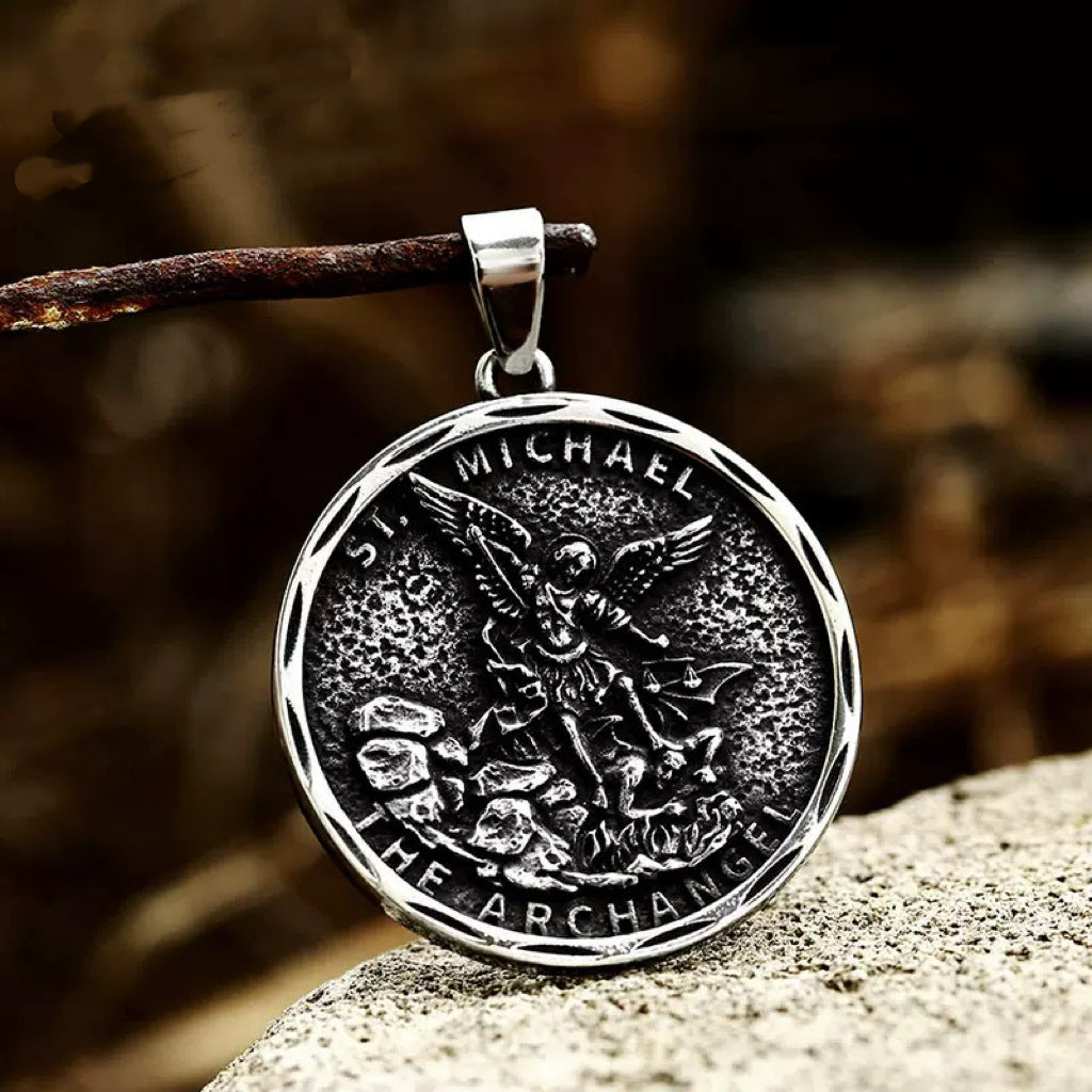1. Planderful Stainless Steel Angel Pendant Necklace For Men Retro Round Design Elegant Gift For Him