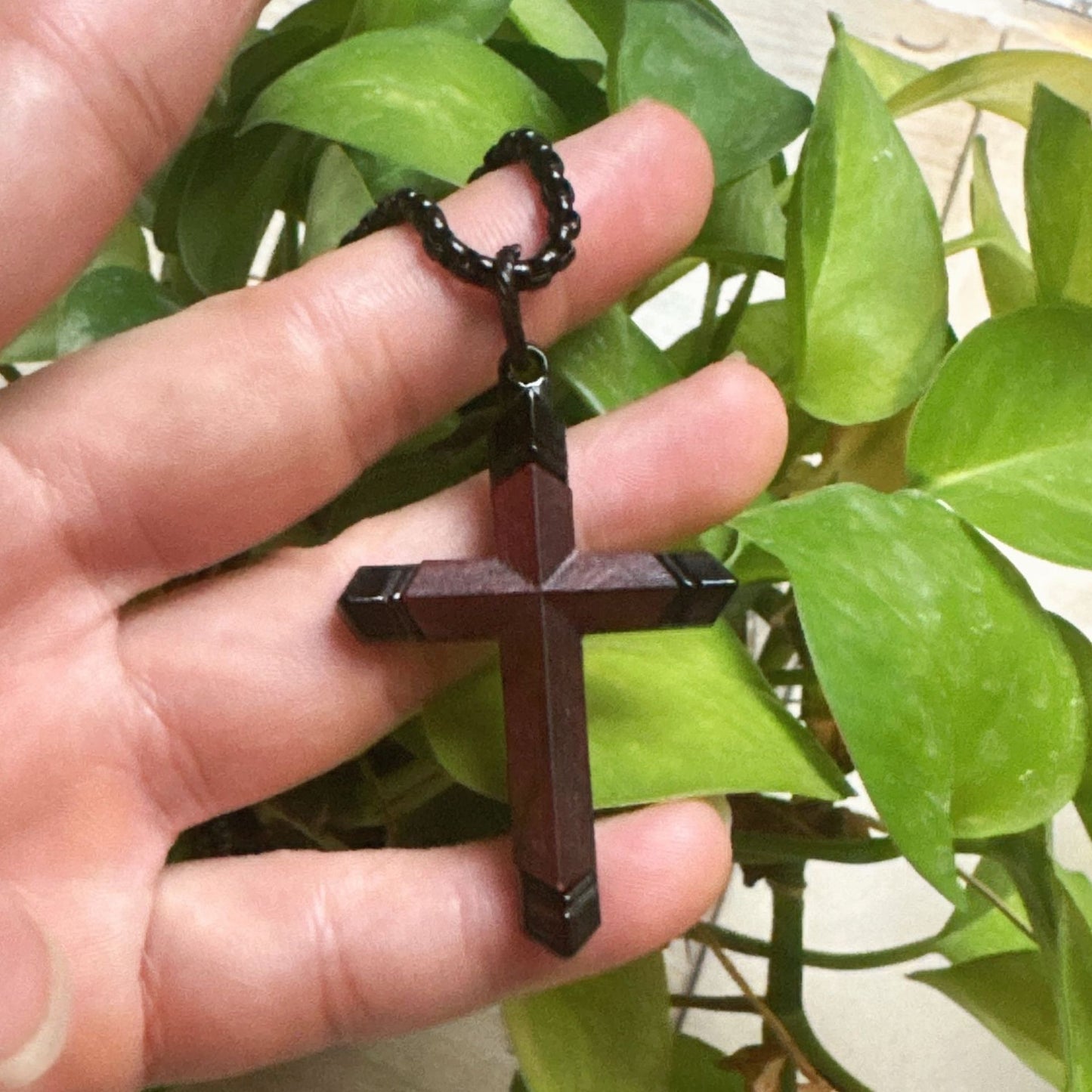 1. Planderful Cross Necklace For Men In Stainless Steel With Solid Wood Inlay And Safflower Detail