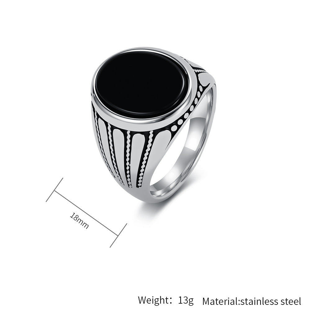 Planderful Everyday Genie Oval Black Stone Ring For Men Unisex Durable Stainless Steel Jewelry