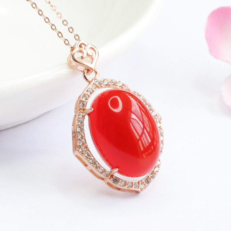 Rose Gold Plated Silver Necklace with Natural Red Agate Pendant